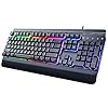 Gaming Keyboard, 104 Keys All-Metal Panel, Dacoity Rainbow LED Backlit Quiet Computer Keyboard, Wrist Rest, Multimedia Keys, Anti-ghosting Keys, Waterproof Light Up USB Wired Keyboard for PC Mac Xbox