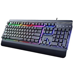 Gaming Keyboard, 104 Keys All-Metal Panel, Rainbow LED Backlit Quiet Computer Keyboard, Wrist Rest, Multimedia Keys, Anti-ghosting Keys, Waterproof Light Up USB Wired Keyboard for PC Mac Xbox