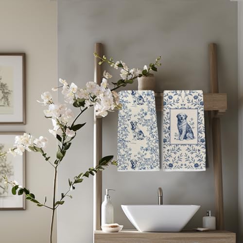 Image of Blue Chinoiserie Golden Retriever Kitchen Towels, Gifts for Golden Retriever Lovers Dish Tea Towels for Kitchen, Vintage French Toile Dog Decorative Hand Towel for Bathroom, 16x24 Inch Set of 2
