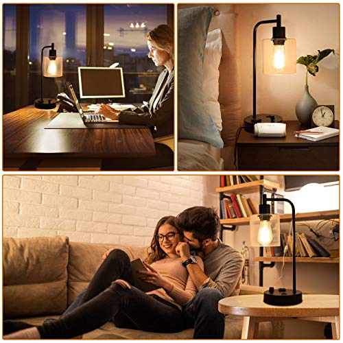 Industrial Table Lamp, Stepless Dimmable Vintage Bedside Nightstand Lamp with 2 USB Ports and AC Power Outlet, Glass Shade Farmhouse Lamp for Bedroom Living Room Office, LED Bulb Included
