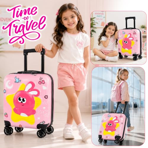 Image of Storite 18In Kids Luggage Trolley Hard Shell Cabin Suitcase | Cartoon Bunny Star Design Suitcase Ideal For School Trips Vacations Holidays And Weekend Travel(Peach Pink-35 x 23 x 38 Cm)