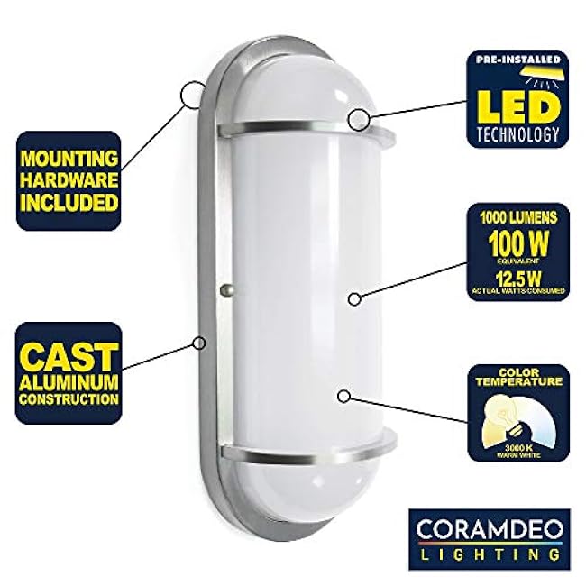 CORAMDEO Indoor Outdoor LED Bulkhead, Wall or Ceiling Light, for Entry, Porch, Deck, Built in LED Gives 80W of Light Using just 12.5W, 1000 Lumens, 3K, Durable Cast Aluminum with Nickel Finish
