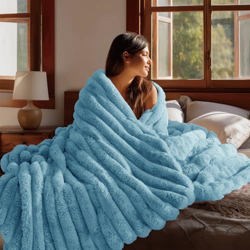 Image of BEDELITE Faux Fur Throw Blanket for Couch, 770GSM, 50 inch x 60 inch, Light Blue | Soft and Cozy Luxurious 3D Striped Fluffy Blanket, Warm Plush Fuzzy Faux Rabbit Fur for Women Gift, Stylish Room Decor