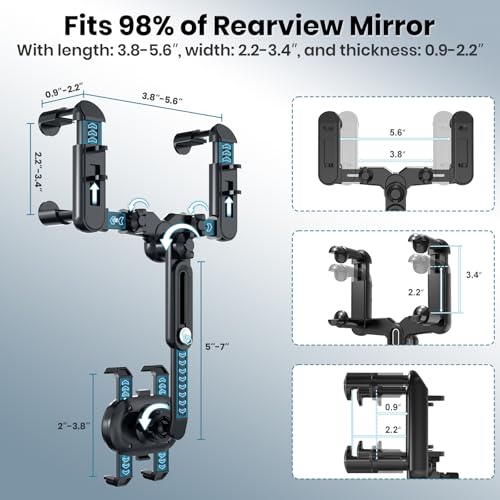 Image of IPOW Large Rearview Mirror Smartphone Holder for Car 360Rotatable and Retractable, 2023 Upgraded Four Corners Fixed Anti-Shake Multifunctional Design for Car Rearview Mirror with Button