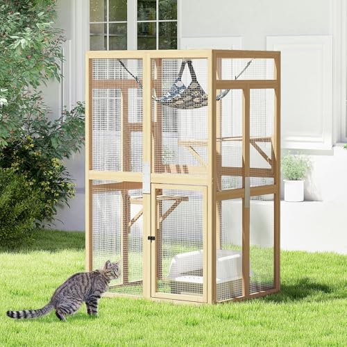 Image of Catio Outdoor Cat Enclosure - Premium Wooden Cat Catio with Window Access & Breathable Mesh, Weatherproof Kitty House for Patio /Backyard /Indoor (Wood)