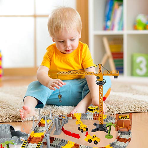Construction Race Track Set for Kids, 240PCS Flexible Car Race Track with 2 LED Trucks, Race Track Playset with Liftable Tower Crane, Best Construction Toy Gift for 3 4 5 6 Year Old Boys and Girls - Thumbnail 2