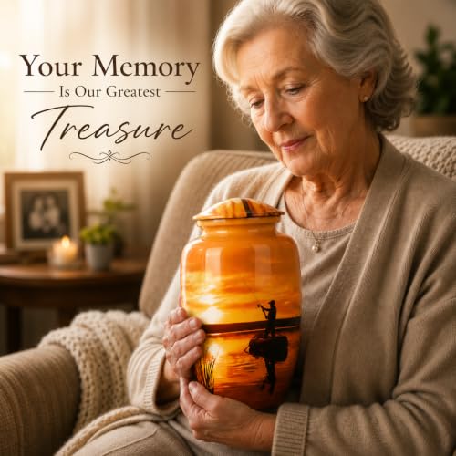 Image of Fishing Cremation Urn for Human Ashes - Large Urn for Adult Male or Female, Holds Up to 200 lbs - Yellow Memorial Urn with Black Velvet Bag