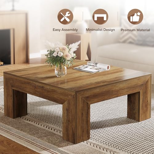 Tribesigns Couchtisch, Quadratischer Wohnzimmertisch, Couchtisch mit Stabilen Holzfüßen für Couch Schlafzimmer, 100 x 100 x 50 cm, Rustikales Braun – Bild 6