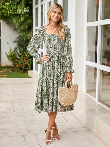 Image of Simplee Womens Long Sleeve Maxi Dress Casual Square Neck Smocked Flowy Fall Wedding Guest Dresses