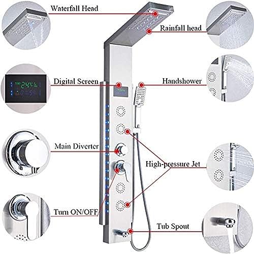 Panel de ducha led columna torre acero inoxidable con grifo, cascada, masaje, pantalla de temperatura, cabezal lluvia y ducha de mano miniatura 3