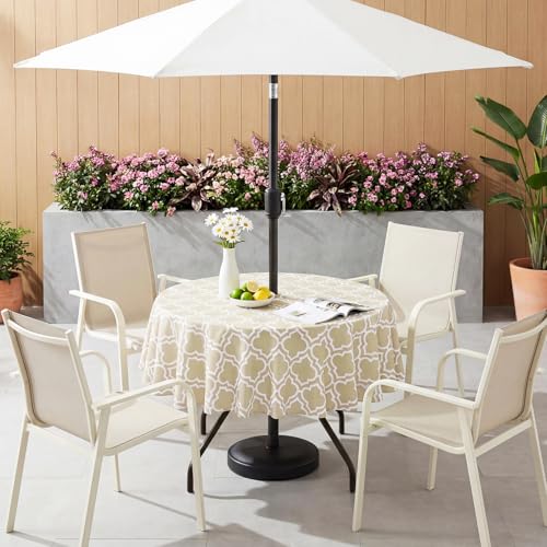 Image of Poise3EHome 60 inches Outdoor /Indoor Waterproof Spillproof Round Tablecloth with Umbrella Hole for Camping, Picnic, Christmas Tree Skirt, BBQ, Khaki