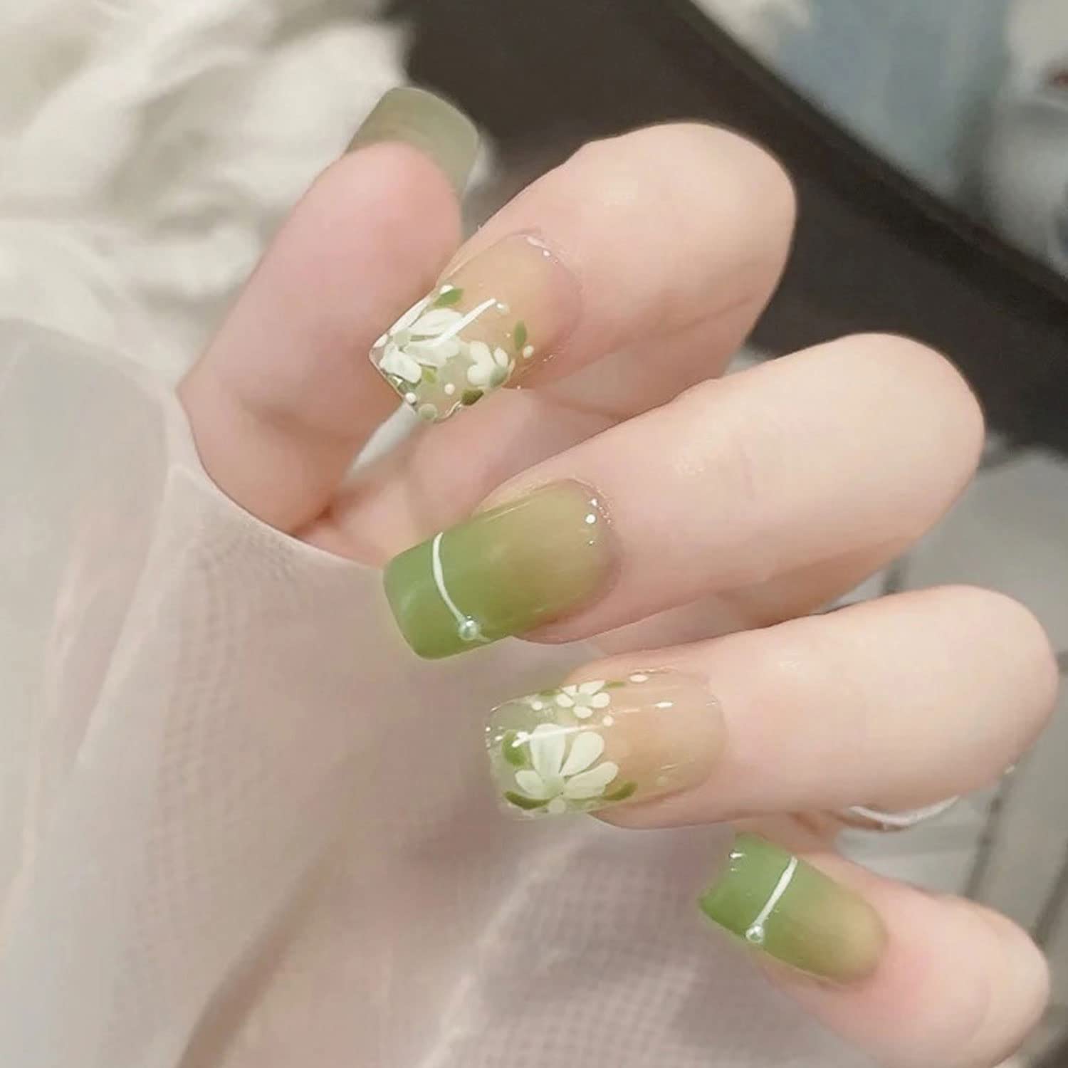 Amazon.com: Flower Press on Nails Medium Length French Fake Nails Summer Nail  Tips Glossy False Nail with Green Flower Pearl Design Full Cover Acrylic  Nails for Women Manicure Tip : Beauty &