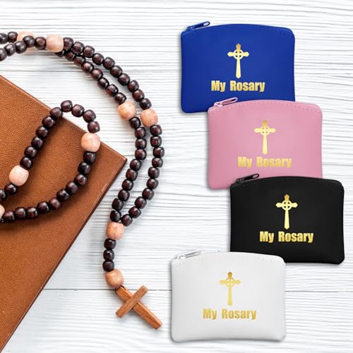 Image of Dansydaisy 4 Pcs Rosary Pouch Catholic with Gold Cross PU Leather Rosary Case for Women and Men Coin Purses Holder Zipper Bag for Travel Christmas, 4 Colors(Classic Colors,Celtic Cross)
