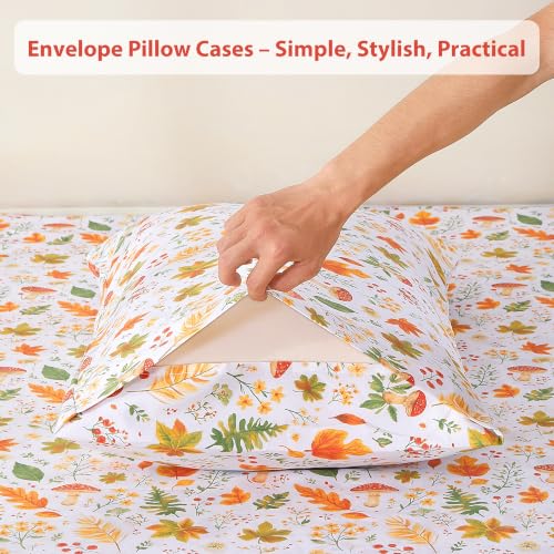 Image of Softan Orange Floral Full Size Sheet Set, Printed Microfiber Fitted Sheet with 15 inch Deep Pockets & Non-Slip Straps, Maple Leaves & Mushroom Patterned Double Bedding Sheets & Pillowcase Set