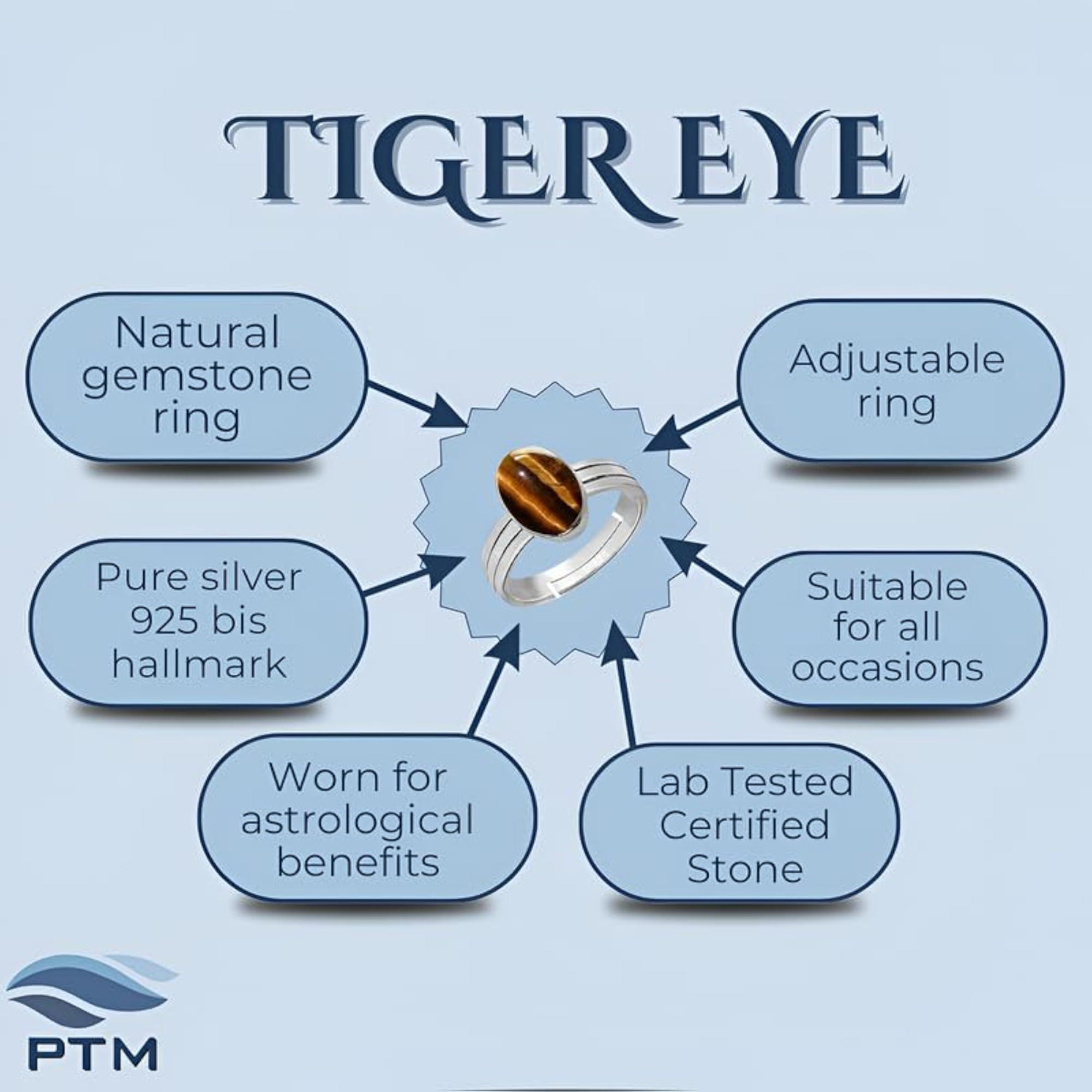 Women's Adjustable Ring with Tiger Eye Natural Gemstone