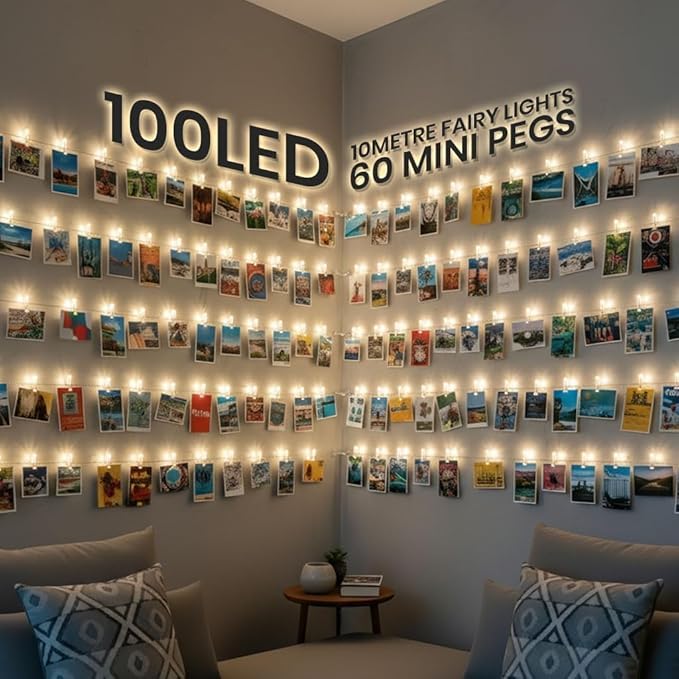 GloBrite 100 LED Battery Fairy Lights w/Photo Pegs and String, 10M Fairy Lights Battery Operated w/ 60 Mini Pegs and String for Photos -Ideal for Bedroom Ambiance, Party Backdrops, or Wedding Décor