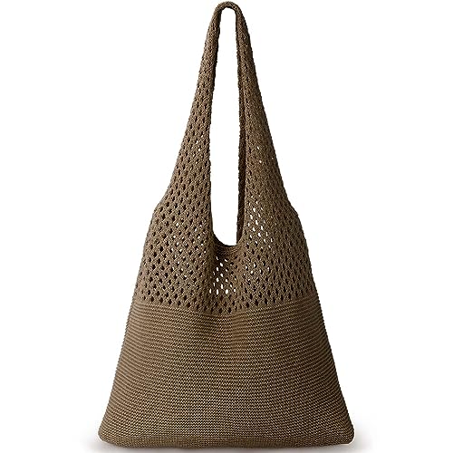 Bolso de mano de ganchillo, bolsa de punto de malla de playa, bolsa de hombro estética, bolsa de hombro hueca para mujer, verano, Café, Style A