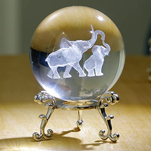 3D Elephants Crystal Ball With Mother Son Elephant Figurines Crystal Glass Balls With Stand 3D Crystal Sphere Paperweight Gifts #TOP1