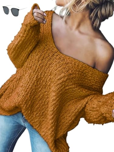 Victoriousact Women's Off-The-Shoulder Sweater Loose Lightweight Pullover Top V-Neck Hollow Knit Long-Sleeved Jumper