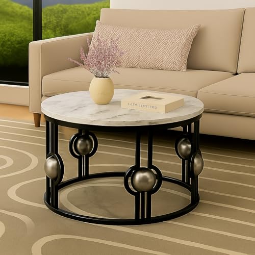 Image of CROWN ART SHOPPEE Nesting Tables Made of Engineered Wood Coffee Table, Small Accent End Table, Round Sofa Side Table, Living Room, Bedroom Black White