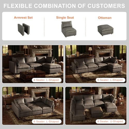 Image of Faux Leather Modular Sectional Sofa with Storage, Oversized Mid Century Modern Leather Sectional Couche for Living Room, Only Ottoman, Gray