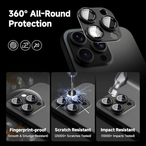 Image of CACOE Metal Camera Lens Protector for iPhone 15 Pro /15 Pro Max, 9H Tempered Glass with Aluminum Frame, HD Clarity & Scratch-Resistant Camera Screen Protector Cover Accessories(Black)
