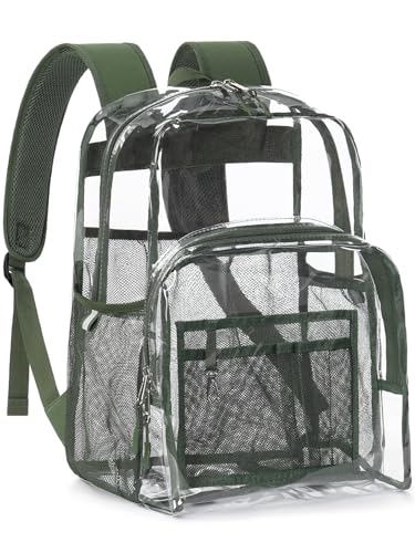 Image of Clear Backpack for School, 17 inch Large Heavy Duty-TPU See Through Bookbag for Boys Girls and Adult, Transparent Backpack With Multi-Pockets for College Work Gym Sport, Olive Green