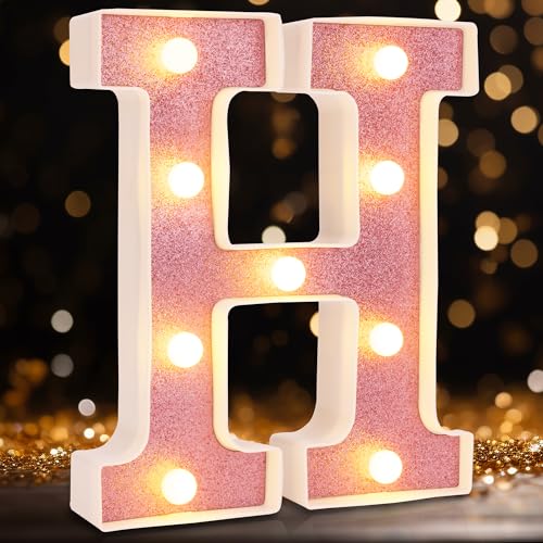 Image of Small Led Marquee Letters, Light Up Letters, 8.58 Inch Led Letter Lights, Battery Powered Lighted Sign for Table, Party, Birthday, Christmas Decor (Pink Glitter, Letter H)