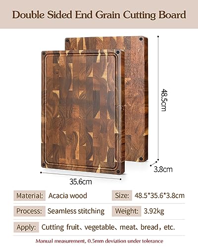 XINZUO Large Thick End Grain Acacia Wood Cutting Board- (19''L x 14''W x 1.5''T) Reversible Wooden Chopping Board with Non-Slip Feet, Built-in Handles and Juice Groove- Butcher Block Cutting Board - Image 3