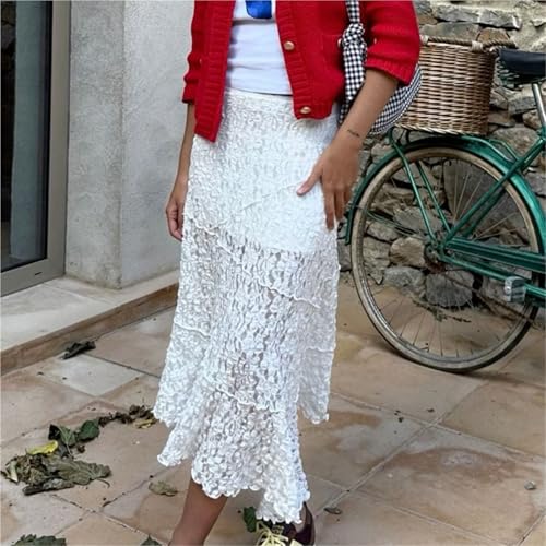 Women Lace Midi Skirt Floral Sheer See-Through Irregular Hem A-line Skirt Fairy Streetwear Chic Long Skirt(Small)2