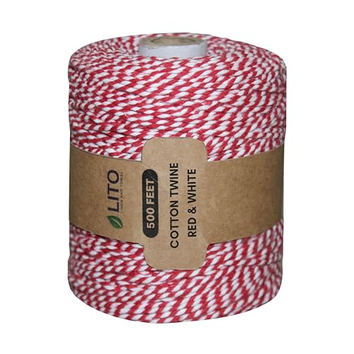Image of 100% Cotton Twine Macrame Thread | Natural Cotton String for Cooking, Baking, Wrapping, Crafts, DIY Garden Decor & Gift Packaging (Red & White, 12PLY- 500 FEET- Pack of 1)