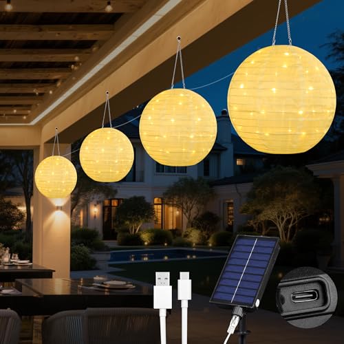 Tacobey Solar Lichterkette Lampions Außen USB-aufladbar 4 Stück 30cm Solar Laterne Wasserdicht Nylon 4.5M 120 LEDs Gartenlaterne Dekorative Lampe Beleuchtung für Garten Hof Terrasse Hochzeit Deko