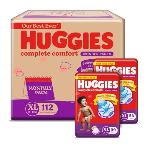 Image of Huggies Complete Comfort Wonder Pants | Pant Style Baby Diapers XL Size, 112 Count | India's Fastest Absorbing Diaper, Patented Dry Xpert Channel, Ideal for 12 to 17 Kgs (Pack of 2)