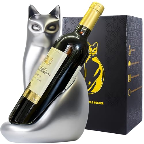 MAIHOM Tisch-Weinregal Elegante Katzengestalt, Katzen-Dekor Harz-Weinflaschenhalter, Dekorative Weinlagerung für Hausbar, Verpackung für Katzenliebhaber Frauen, Silber Weinregal