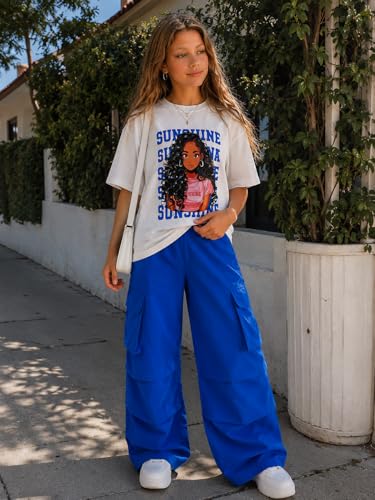 Image of Tween Girls Clothes Short Sleeve Graphic T-Shirt Top + Cargo Pants 2pcs Outfit Set, Size 7-15Years