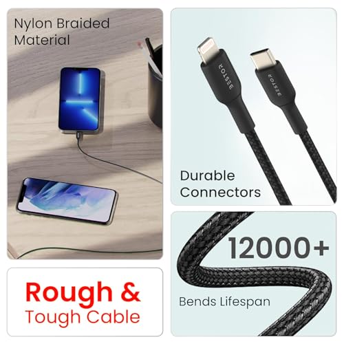 Image of BESTOR Type-C to 8 pin Cable 27W Rapid Charging, 480Mbps Data Sync Compatible with iPhone, iPad, MacBook, iMac, and AirPods (1.2Meter)