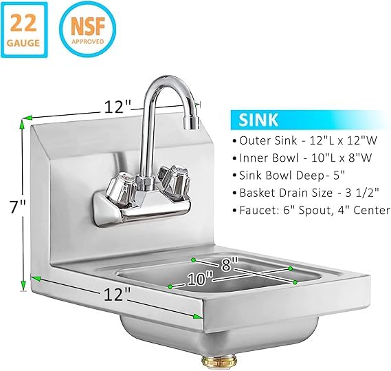 Stainless Steel Wall Mount Hand Sink with Faucet | Commercial Hand Washing Basin For Restaurant, Kitchen | NSF. (12