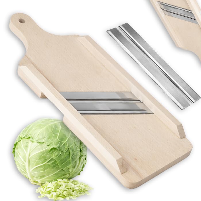 FEINZ Krauthobel aus Buchenholz 2 rostfreie Edelstahlklingen Für Sauerkraut & Gemüse Ohlschneider Handlich & langlebig Austauschbare Klingen Traditionelles Küchenwerkzeug 36 cm