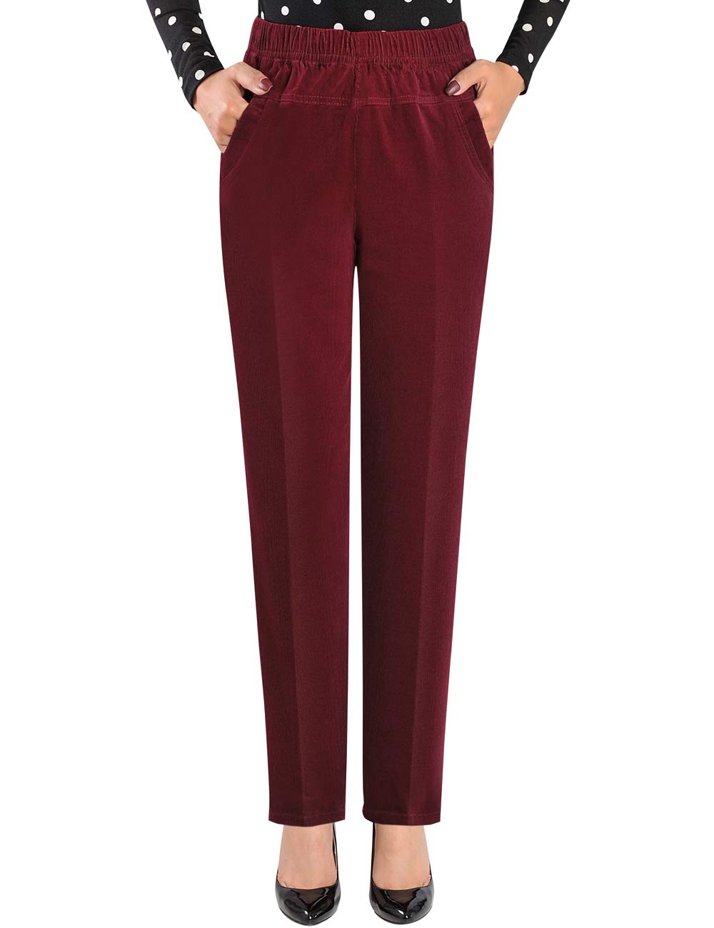 Bigassets Women's High Waist Skinny Corduroy Trousers Elasticated Stretch Cotton Pants Burgundy XL