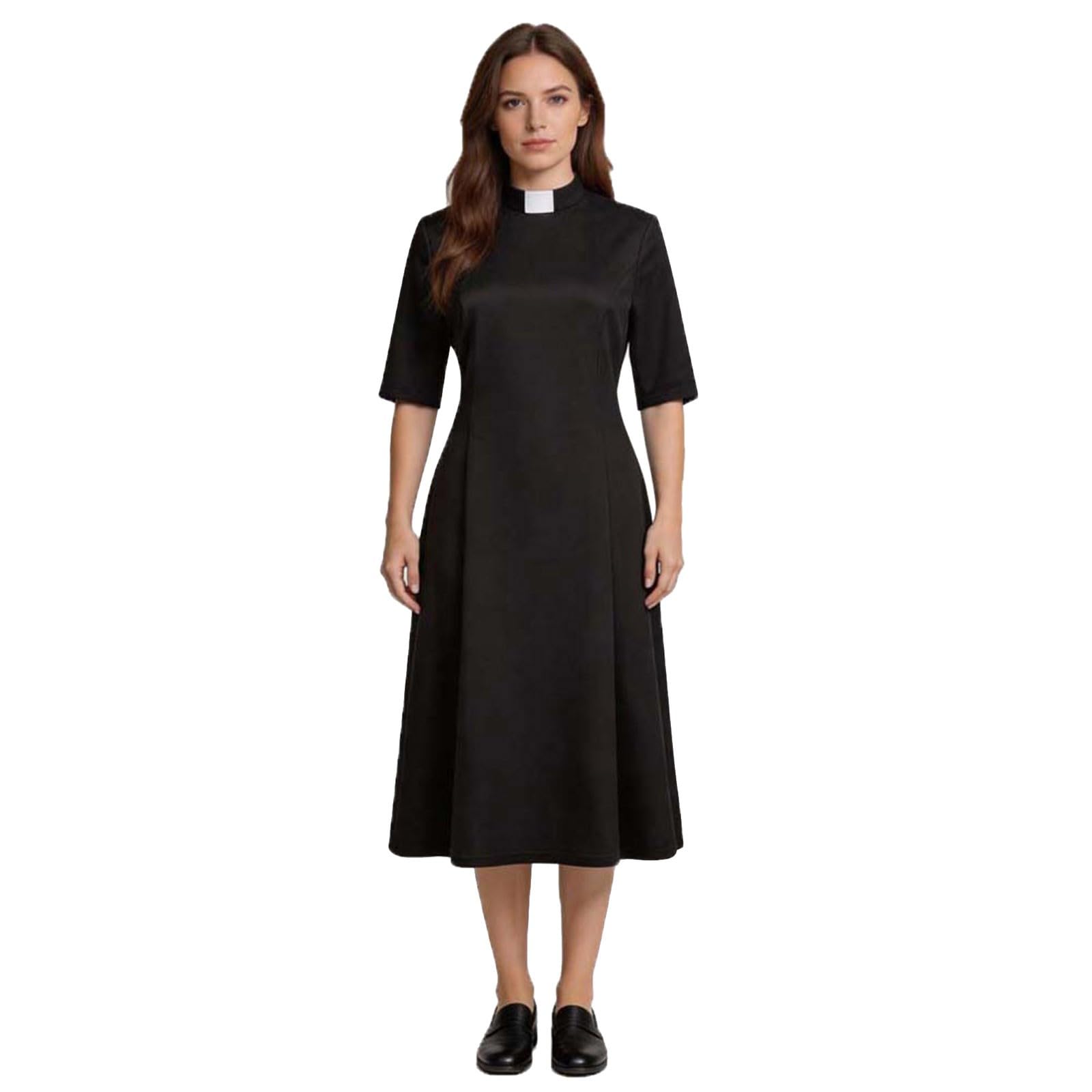 Damen Trachtenkleid Dirndlkleid Midi mit Dirndlschürze Trachtenmode Oktoberfest Outfit Priesterkostüm Halloween Kirchenkleid Gothic Cosplay Outfit Gewand Halloween Costume