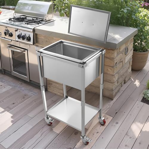 VEVOR rollbare Eisbox (553 x 405 x 970 mm) Edelstahl-Kühler, 31 L gewerblicher Ice Chest auf Rädern für den Außenbereich mit Ablage, für Partybar im Garten oder auf der Terrasse