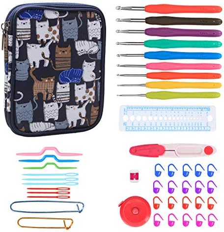 Teamoy Crochet Hooks Set - 9 Pieces Ergonomic Crochet Hooks with Case and Crochet Accessories, Perfect for Arthritic Hands,Cats Blue