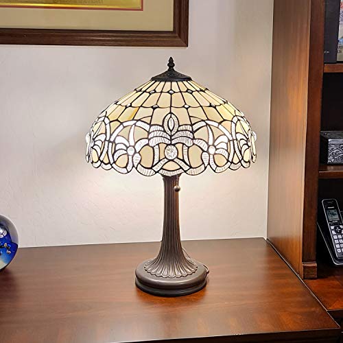 Tiffany Style Table Lamp Banker 24" Tall Stained Glass White Grey Jeweled Beads Vintage Antique Light Décor Living Room Bedroom Handmade Gift Am293Tl16B Amora Lighting #TOP1