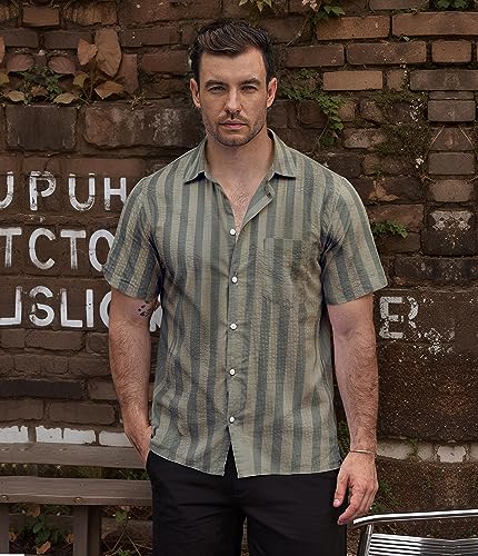 Image of VATPAVE Mens Striped Summer Shirt Casual Button Down Short Sleeve Beach Shirts Cotton Shirts for Men