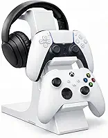 Suporte De Mesa 2 Controles E Headset Universal Ps5 Xbox Pc Branco