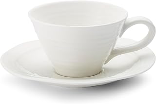 Portmeirion Sophie Conran 8oz Teacup & Saucer Set (Set of 4) - Durable Fine Porcelain Tea Set for Coffee, Tea, Hot Cocoa - Ideal for Everyday Use & Special Occasions, Dishwasher Safe (White)