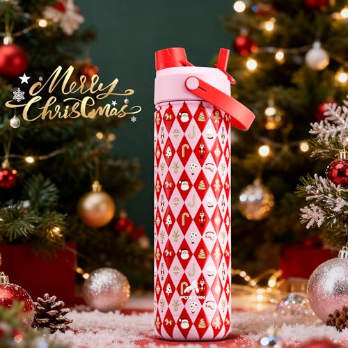 Image of 26 oz Christmas Insulated Water Bottle with 2-in-1 Straw and Spout Lid, Keep Cold 24H, Leak-Proof, Fits in Car Cup Holder, Stainless Steel Water Bottle for Gift, Trip, Home (Candy Cane Wishes)