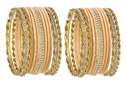 Image of NMII Gold Plated Metal Velvet Bangles Set For Women & Girls with Zircon Gemstone Studded | Traditional Women's Bangles | Designer Gold Bangles | Fashion Jewellery- Set of 28
