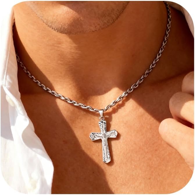 Cross Necklace for Women 14K Gold and Sterling Silver Plated Cross Pendant Necklaces for Men Christian Crosses Necklace with Figaro Chain - Image 9