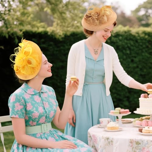 DRESHOW Fascinators Hat Flower Mesh Feathers Hat with a Headband and a Clip 7.9\" Tea Party Headwear for Women - Thumbnail 3